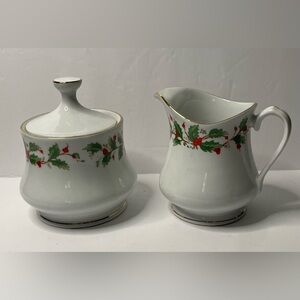 China Pearl Festive Fine China Holly Red Berries Cream and Sugar Set NOEL Liling